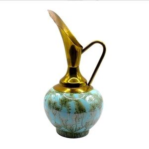 Mid Century Delft Holland Hand Painted Turquoise and Brass Gourd Pitcher Vase